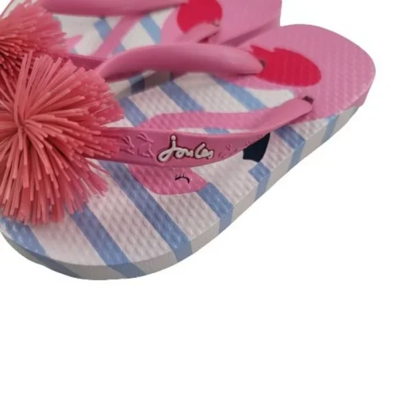 Joules Pom Pom Pink Flamingo Striped Flip Flops - Picture 7 of 7